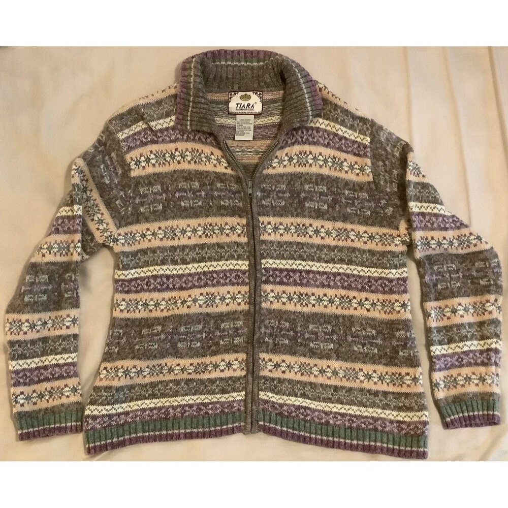 TIARA International Women's Sweater Large Multi Color Ramie Cotton Zip Front